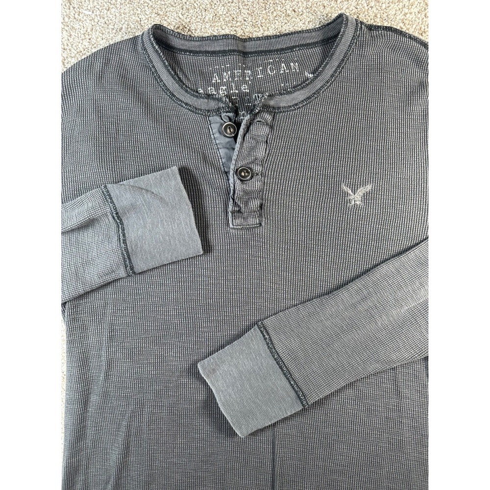American Eagle Mens Large Gray Waffle Knit Henley Shirt Vintage Fit Long Sleeve